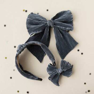 Graphite | Plisse Oversized Hand-tied Bow: Nylon Headband