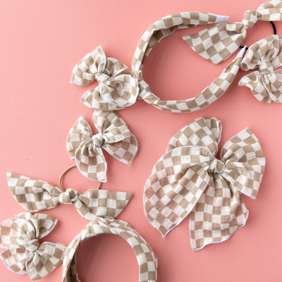 Checkerboard - Tan | Pigtail Set - Petite Party Bow